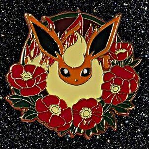 Flareon Fiery Poppy Pokémon Enamel Pin - Flame Type Floral Collector’s Pin